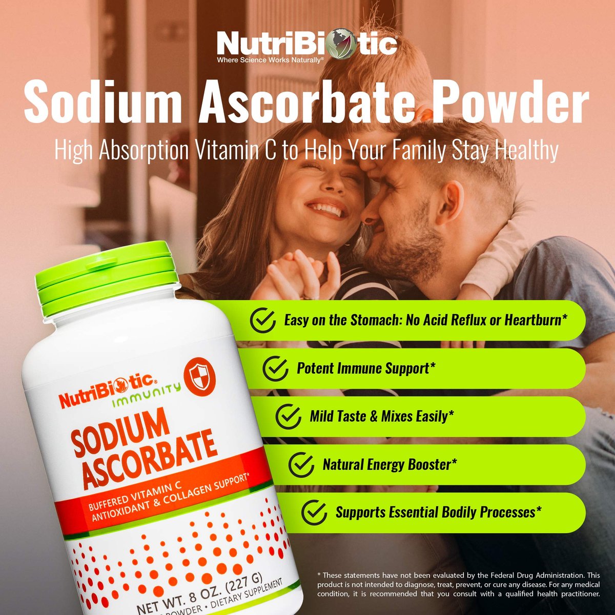 NutriBiotic Natriumascorbat gepufferte Vitamin C Pulver, 227 g | Vegan, nicht säurehaltig & leichter verdaulich als Ascorbinsäure | Essentielle Immununterstützung & Antioxidans | Gluten- & GVO-frei