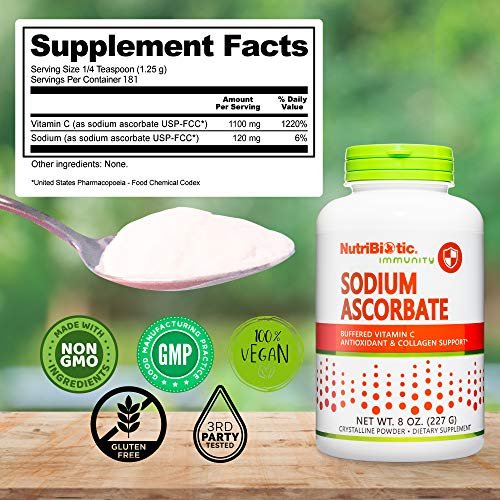 NutriBiotic Natriumascorbat gepufferte Vitamin C Pulver, 227 g | Vegan, nicht säurehaltig & leichter verdaulich als Ascorbinsäure | Essentielle Immununterstützung & Antioxidans | Gluten- & GVO-frei