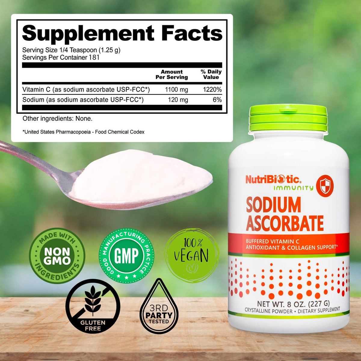 NutriBiotic Natriumascorbat gepufferte Vitamin C Pulver, 227 g | Vegan, nicht säurehaltig & leichter verdaulich als Ascorbinsäure | Essentielle Immununterstützung & Antioxidans | Gluten- & GVO-frei