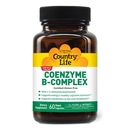 Country Life Coenzym-B-Komplex, 60 Kapseln – Unterstützt Energie & Stoffwechsel, Stimmung & Kognitive Funktion – Vegan, Glutenfrei, Bioverfügbare B-Vitamine mit Cholin