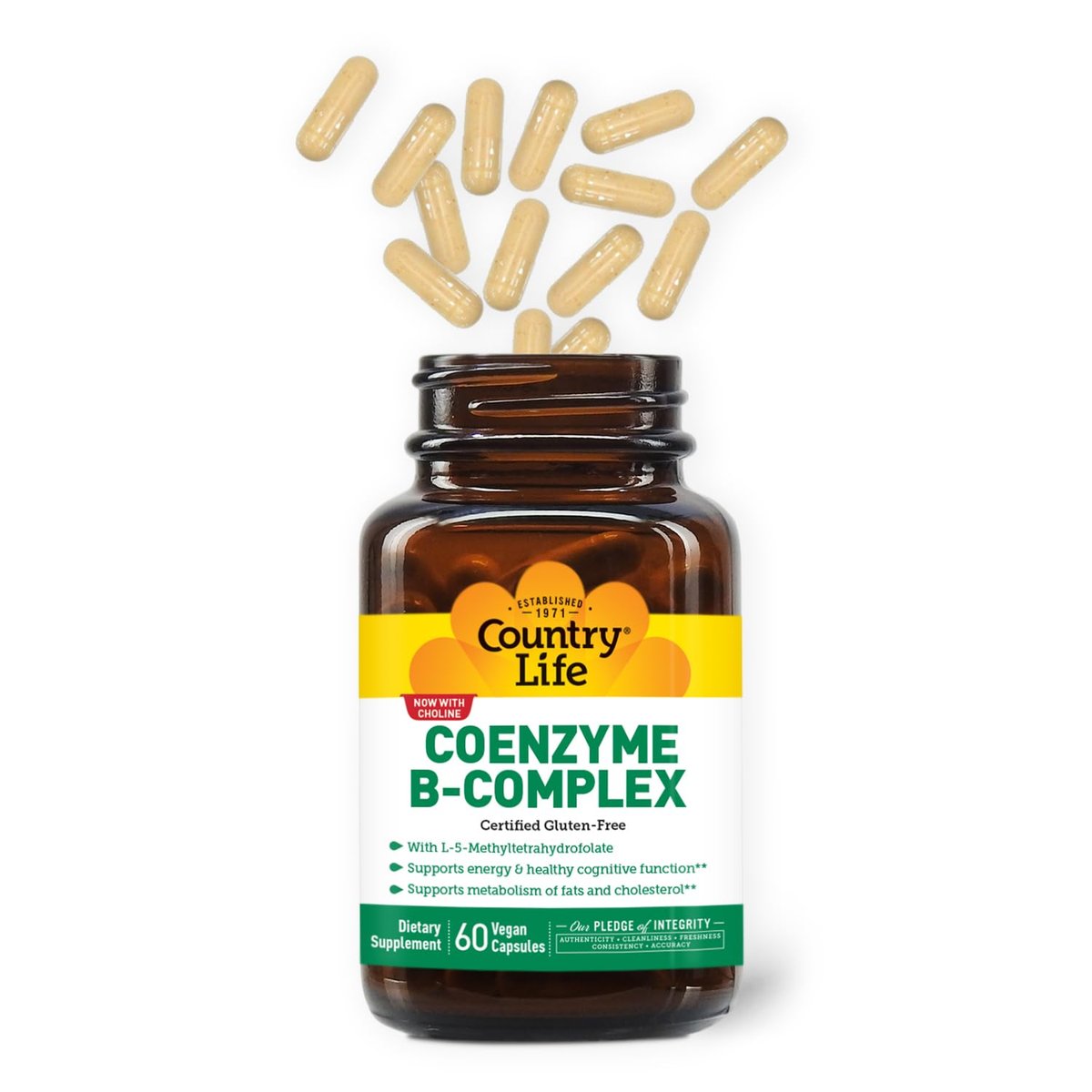 Country Life Coenzym-B-Komplex, 60 Kapseln – Unterstützt Energie & Stoffwechsel, Stimmung & Kognitive Funktion – Vegan, Glutenfrei, Bioverfügbare B-Vitamine mit Cholin
