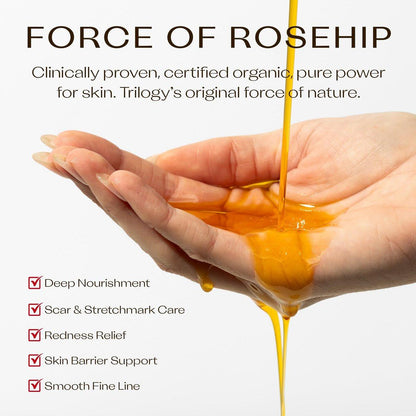 Trilogy Zertifiziertes Bio-Rosenöl – Kaltgepresstes Rosenkernöl für Narben, Dehnungsstreifen, feine Linien und Falten – mit Omega 3, 6 und 9 für alle Hauttypen, USDA-zertifiziert, 43 ml