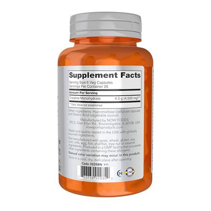NOW Foods Sportnahrung, Kreatin Monohydrat 750 mg, Muskelaufbau*/Energieproduktion*, 120 vegane Kapseln