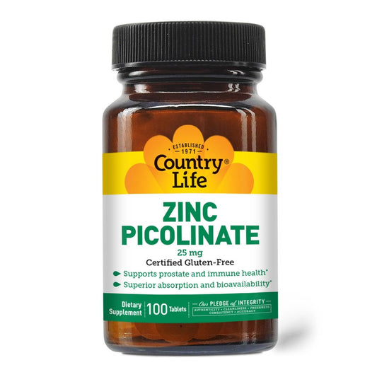 Country Life Zink Picolinat 25 mg – Hochwertiges Zinkpräparat für Immunsystem, Prostata & Zellgesundheit – Zertifiziert glutenfrei, vegan & halal, nicht gentechnisch verändert – 100 Tabletten