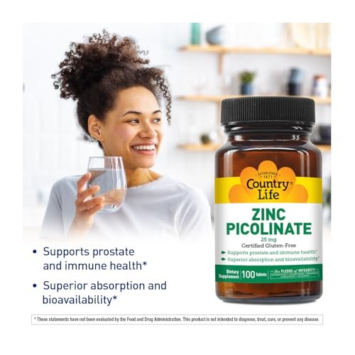 Country Life Zink Picolinat 25 mg – Hochwertiges Zinkpräparat für Immunsystem, Prostata & Zellgesundheit – Zertifiziert glutenfrei, vegan & halal, nicht gentechnisch verändert – 100 Tabletten