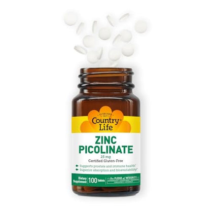 Country Life Zink Picolinat 25 mg – Hochwertiges Zinkpräparat für Immunsystem, Prostata & Zellgesundheit – Zertifiziert glutenfrei, vegan & halal, nicht gentechnisch verändert – 100 Tabletten