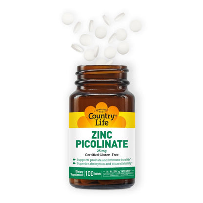 Country Life Zink Picolinat 25 mg – Hochwertiges Zinkpräparat für Immunsystem, Prostata & Zellgesundheit – Zertifiziert glutenfrei, vegan & halal, nicht gentechnisch verändert – 100 Tabletten