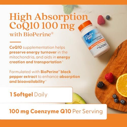 Doctor's Best Hochdosiertes CoQ10 mit BioPerine – 120 Softgel-Kapseln, 100 mg, für Herzgesundheit & Antioxidantien-Unterstützung, natürlich fermentiert, Non-GMO