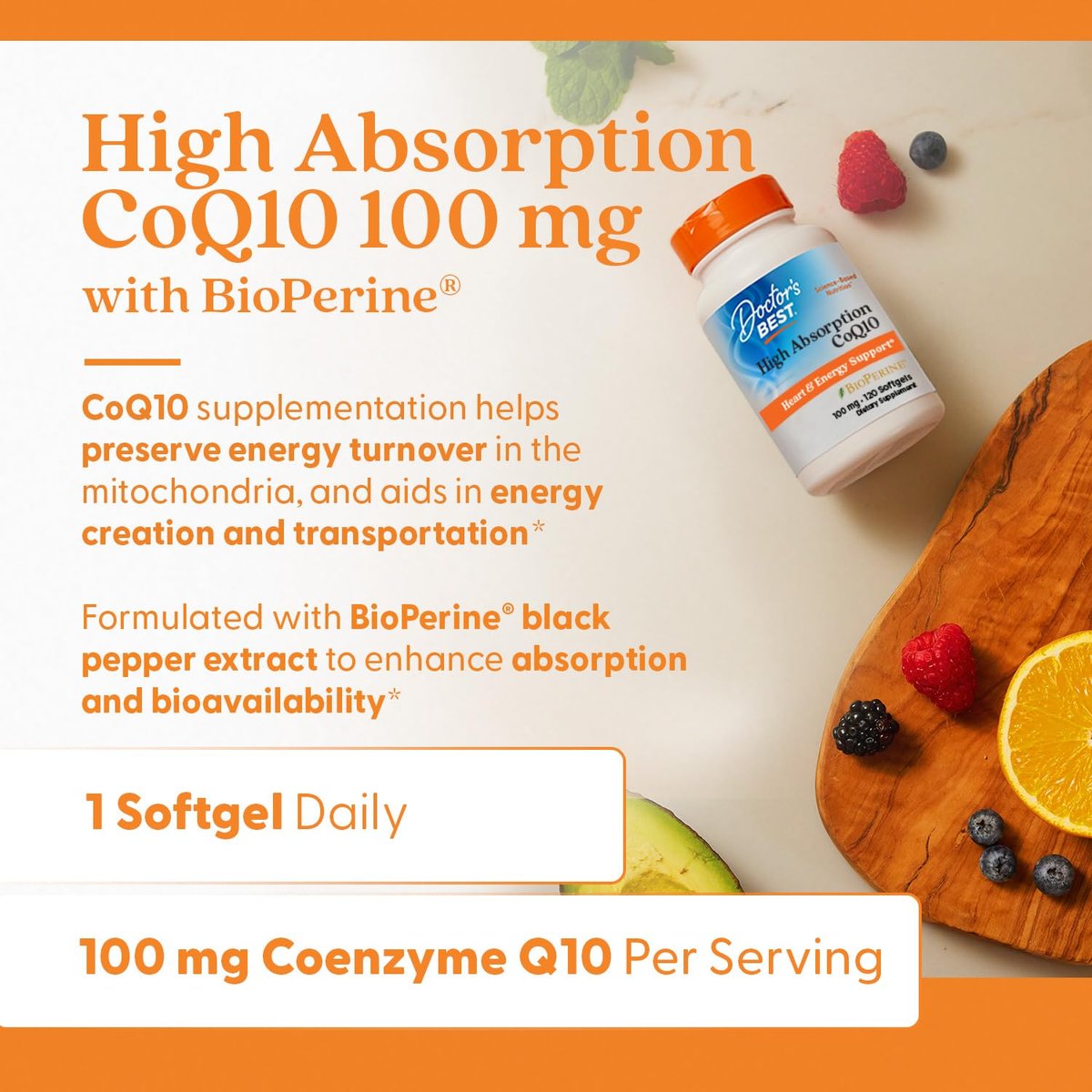 Doctor's Best Hochdosiertes CoQ10 mit BioPerine – 120 Softgel-Kapseln, 100 mg, für Herzgesundheit & Antioxidantien-Unterstützung, natürlich fermentiert, Non-GMO