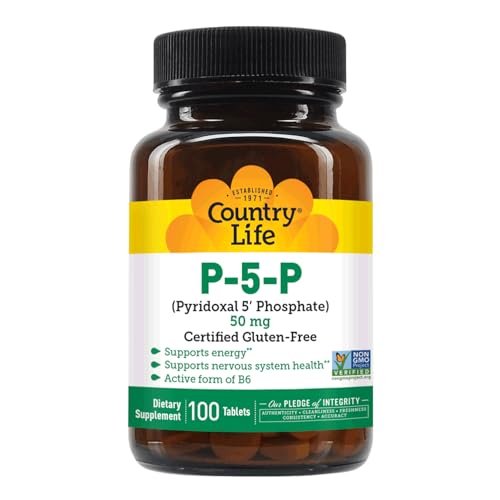 Country Life P-5-P Vitamin B6 – Bioverfügbares Pyridoxal-5-Phosphat für Energie, Nervensystem und rote Blutkörperchen – Zertifiziert glutenfrei, vegan, nicht-GVO – 100 Kapseln