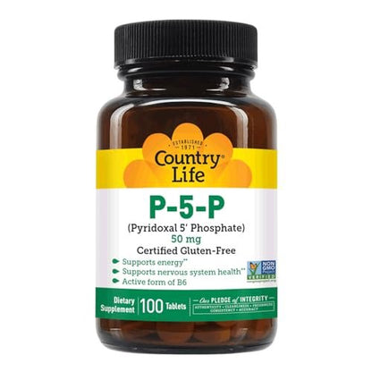 Country Life P-5-P Vitamin B6 – Bioverfügbares Pyridoxal-5-Phosphat für Energie, Nervensystem und rote Blutkörperchen – Zertifiziert glutenfrei, vegan, nicht-GVO – 100 Kapseln