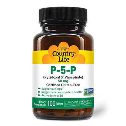 Country Life P-5-P Vitamin B6 – Bioverfügbares Pyridoxal-5-Phosphat für Energie, Nervensystem und rote Blutkörperchen – Zertifiziert glutenfrei, vegan, nicht-GVO – 100 Kapseln