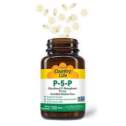 Country Life P-5-P Vitamin B6 – Bioverfügbares Pyridoxal-5-Phosphat für Energie, Nervensystem und rote Blutkörperchen – Zertifiziert glutenfrei, vegan, nicht-GVO – 100 Kapseln