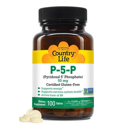 Country Life P-5-P Vitamin B6 – Bioverfügbares Pyridoxal-5-Phosphat für Energie, Nervensystem und rote Blutkörperchen – Zertifiziert glutenfrei, vegan, nicht-GVO – 100 Kapseln