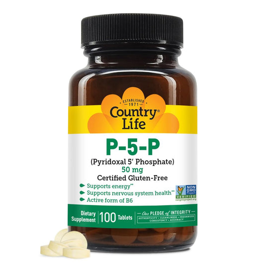Country Life P-5-P Vitamin B6 – Bioverfügbares Pyridoxal-5-Phosphat für Energie, Nervensystem und rote Blutkörperchen – Zertifiziert glutenfrei, vegan, nicht-GVO – 100 Kapseln