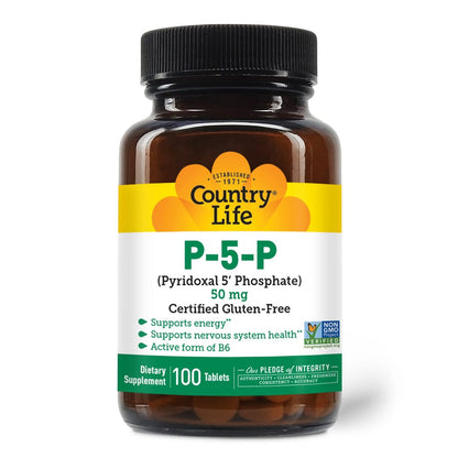 Country Life P-5-P Vitamin B6 – Bioverfügbares Pyridoxal-5-Phosphat für Energie, Nervensystem und rote Blutkörperchen – Zertifiziert glutenfrei, vegan, nicht-GVO – 100 Kapseln