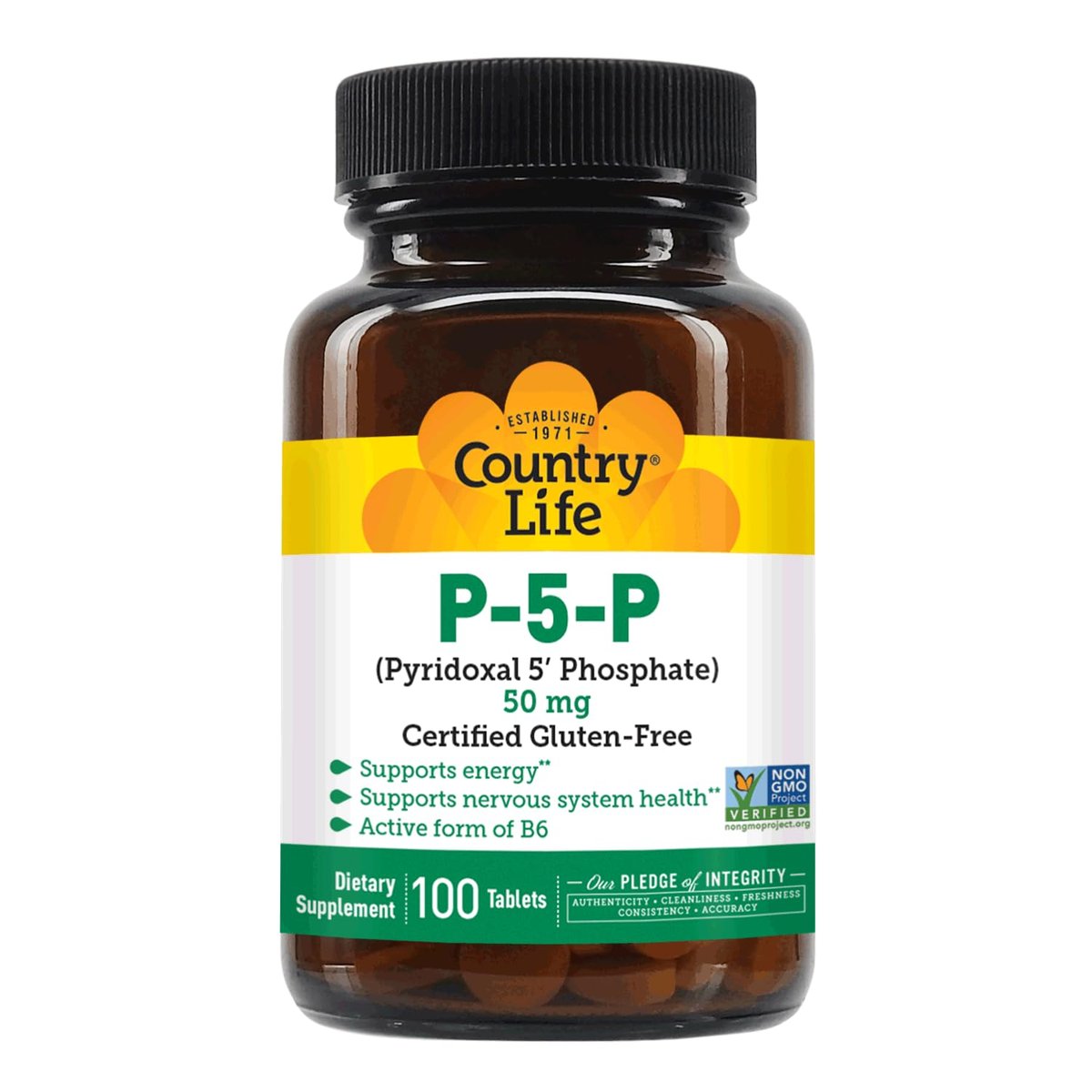 Country Life P-5-P Vitamin B6 – Bioverfügbares Pyridoxal-5-Phosphat für Energie, Nervensystem und rote Blutkörperchen – Zertifiziert glutenfrei, vegan, nicht-GVO – 100 Kapseln