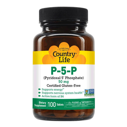 Country Life P-5-P Vitamin B6 – Bioverfügbares Pyridoxal-5-Phosphat für Energie, Nervensystem und rote Blutkörperchen – Zertifiziert glutenfrei, vegan, nicht-GVO – 100 Kapseln