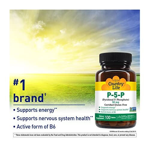 Country Life P-5-P Vitamin B6 – Bioverfügbares Pyridoxal-5-Phosphat für Energie, Nervensystem und rote Blutkörperchen – Zertifiziert glutenfrei, vegan, nicht-GVO – 100 Kapseln