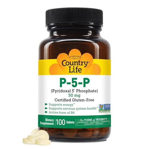 Country Life P-5-P Vitamin B6 – Bioverfügbares Pyridoxal-5-Phosphat für Energie, Nervensystem und rote Blutkörperchen – Zertifiziert glutenfrei, vegan, nicht-GVO – 100 Kapseln