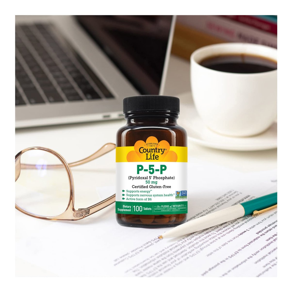 Country Life P-5-P Vitamin B6 – Bioverfügbares Pyridoxal-5-Phosphat für Energie, Nervensystem und rote Blutkörperchen – Zertifiziert glutenfrei, vegan, nicht-GVO – 100 Kapseln