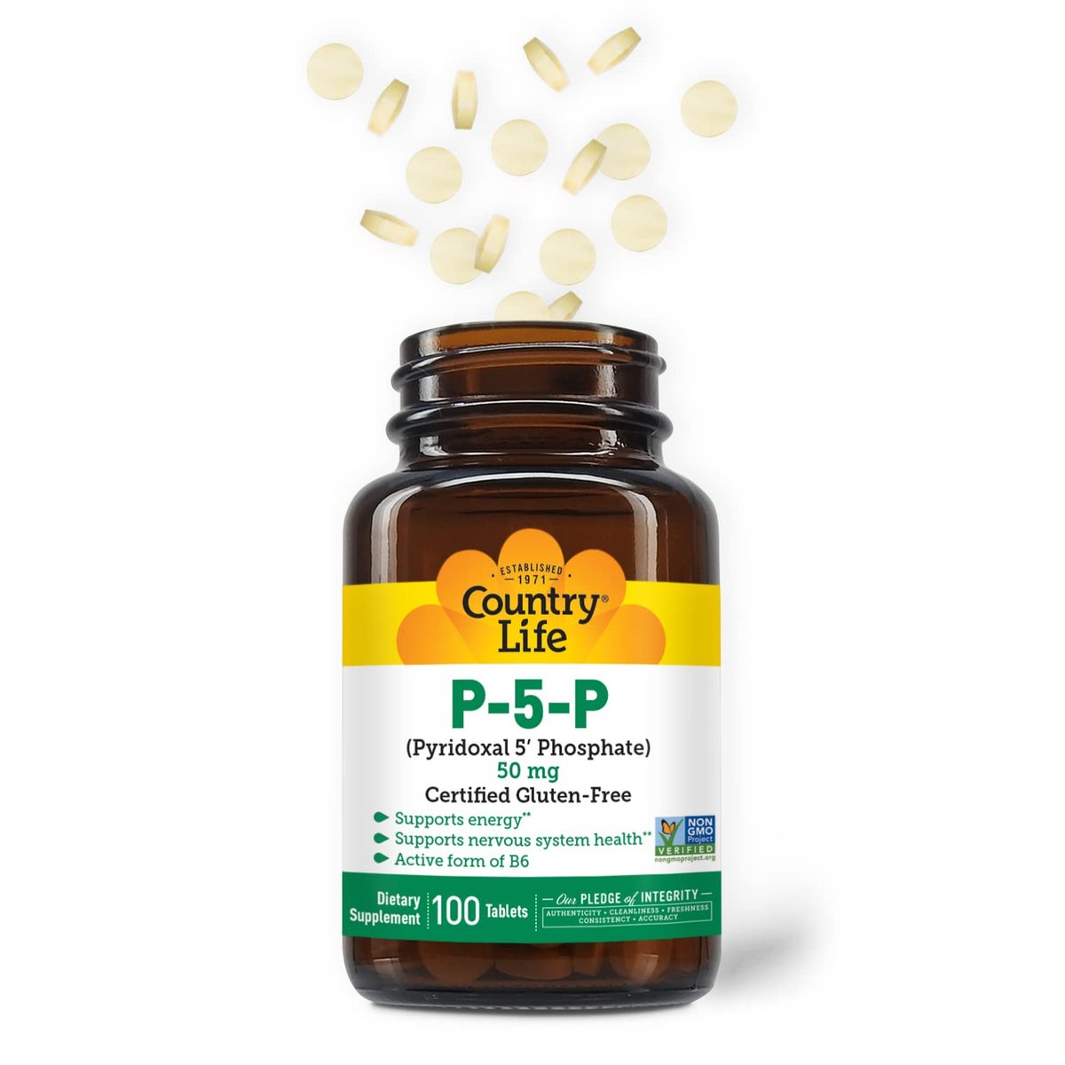 Country Life P-5-P Vitamin B6 – Bioverfügbares Pyridoxal-5-Phosphat für Energie, Nervensystem und rote Blutkörperchen – Zertifiziert glutenfrei, vegan, nicht-GVO – 100 Kapseln