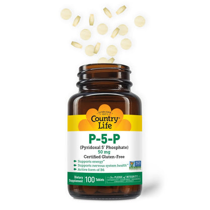 Country Life P-5-P Vitamin B6 – Bioverfügbares Pyridoxal-5-Phosphat für Energie, Nervensystem und rote Blutkörperchen – Zertifiziert glutenfrei, vegan, nicht-GVO – 100 Kapseln