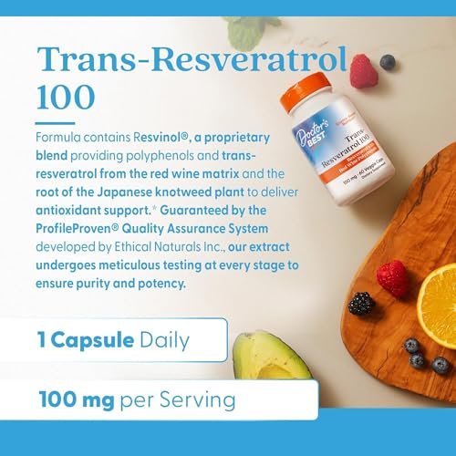 Doctor's Best Trans-Resveratrol 100 mg – Hochdosiertes Antioxidans aus japanischem Staudenknöterich, vegan, 60 Kapseln