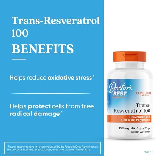 Doctor's Best Trans-Resveratrol 100 mg – Hochdosiertes Antioxidans aus japanischem Staudenknöterich, vegan, 60 Kapseln