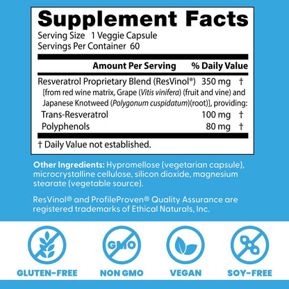 Doctor's Best Trans-Resveratrol 100 mg – Hochdosiertes Antioxidans aus japanischem Staudenknöterich, vegan, 60 Kapseln