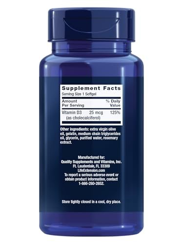 Life Extension Vitamin D3 25 mcg (1000 IE) – 250 Kapseln, Immunsystem-Unterstützung, Knochengesundheit, Ganzkörper-Gesundheit, Glutenfrei, Nicht-GVO