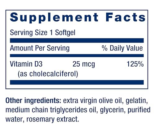Life Extension Vitamin D3 25 mcg (1000 IE) – 250 Kapseln, Immunsystem-Unterstützung, Knochengesundheit, Ganzkörper-Gesundheit, Glutenfrei, Nicht-GVO