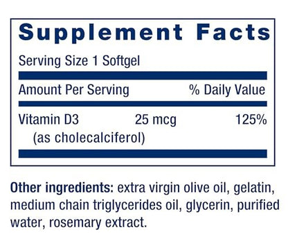 Life Extension Vitamin D3 25 mcg (1000 IE) – 250 Kapseln, Immunsystem-Unterstützung, Knochengesundheit, Ganzkörper-Gesundheit, Glutenfrei, Nicht-GVO
