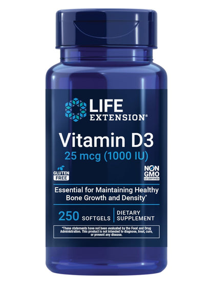 Life Extension Vitamin D3 25 mcg (1000 IE) – 250 Kapseln, Immunsystem-Unterstützung, Knochengesundheit, Ganzkörper-Gesundheit, Glutenfrei, Nicht-GVO