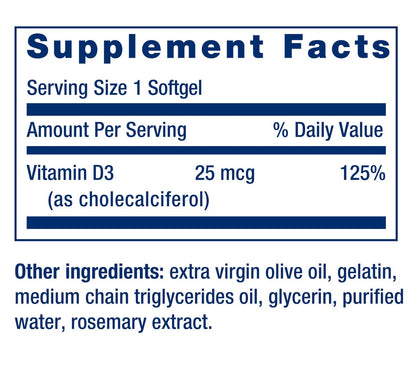 Life Extension Vitamin D3 25 mcg (1000 IE) – 250 Kapseln, Immunsystem-Unterstützung, Knochengesundheit, Ganzkörper-Gesundheit, Glutenfrei, Nicht-GVO