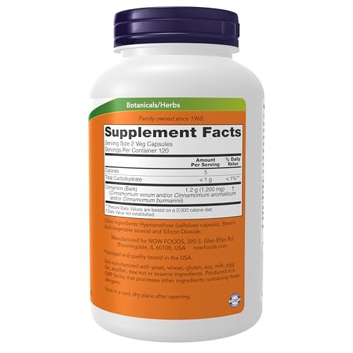 NOW Foods Nahrungsergänzungsmittel, Zimtrinde 600 mg, Non-GMO Project verifiziert, Gesunder Glukosestoffwechsel*, 240 vegane Kapseln
