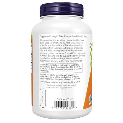 NOW Foods Nahrungsergänzungsmittel, Zimtrinde 600 mg, Non-GMO Project verifiziert, Gesunder Glukosestoffwechsel*, 240 vegane Kapseln