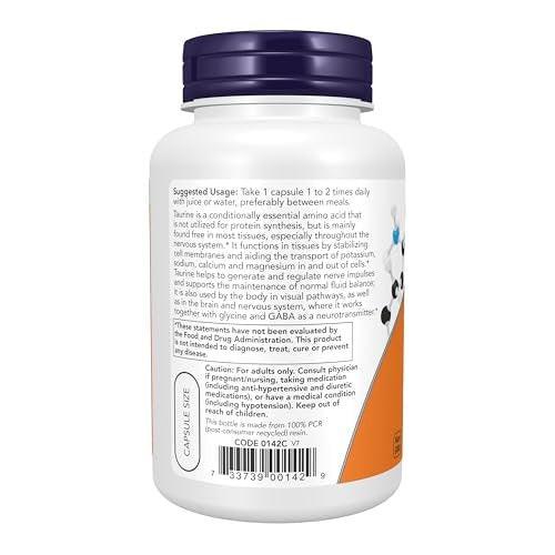 NOW Foods Taurin 1.000 mg, Doppelte Stärke, für die Gesundheit des Nervensystems*, 100 vegane Kapseln