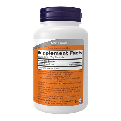 NOW Foods Taurin 1.000 mg, Doppelte Stärke, für die Gesundheit des Nervensystems*, 100 vegane Kapseln
