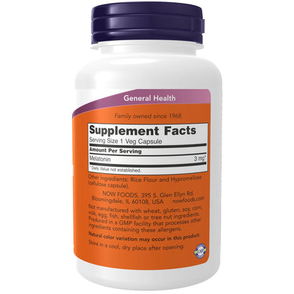 NOW Foods Melatonin 3 mg – 180 vegane Kapseln für gesunden Schlafzyklus und antioxidative Unterstützung