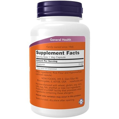 NOW Foods Melatonin 3 mg – 180 vegane Kapseln für gesunden Schlafzyklus und antioxidative Unterstützung