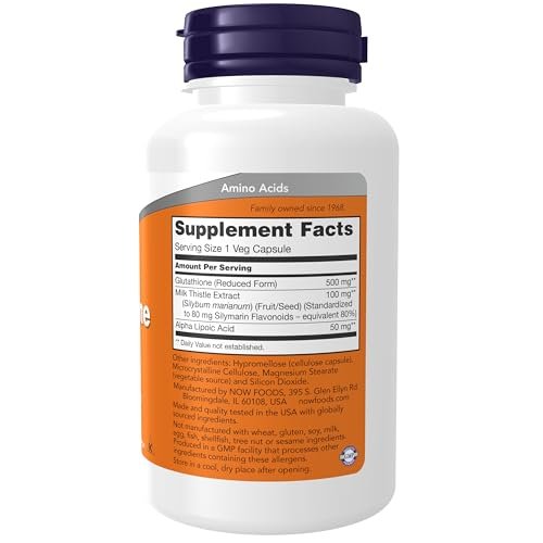 NOW Foods Glutathion 500 mg mit Mariendistel-Extrakt & Alpha-Liponsäure, 60 vegane Kapseln