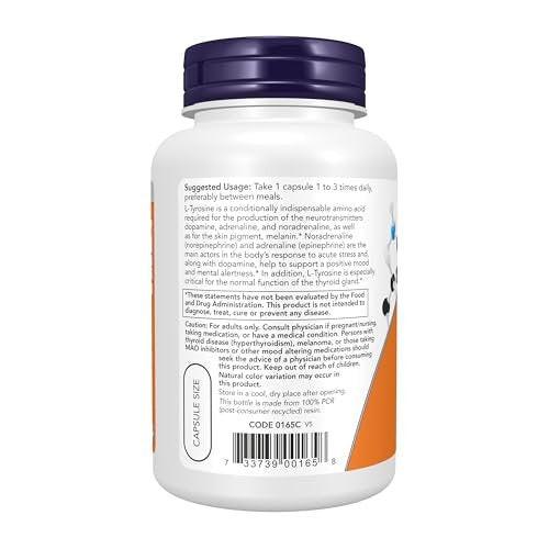 NOW Foods L-Tyrosin 750 mg – Fördert geistige Wachheit und Neurotransmitter-Unterstützung, 90 vegane Kapseln