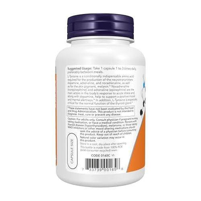 NOW Foods L-Tyrosin 750 mg – Fördert geistige Wachheit und Neurotransmitter-Unterstützung, 90 vegane Kapseln