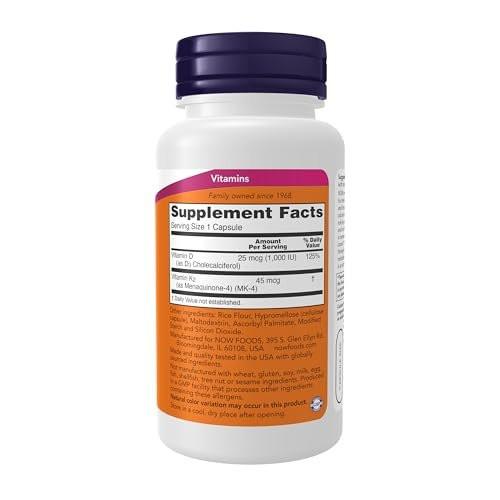 NOW Supplements, Vitamin D-3 & K-2, 1.000 IE/45 mcg, plus kardiovaskuläre Unterstützung*, unterstützt die Knochengesundheit*, 120 vegane Kapseln