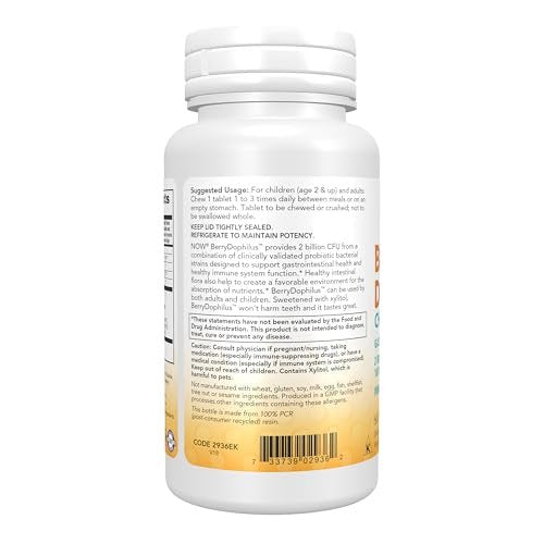 NOW Foods BerryDophilus™ – 60 Kautabletten mit 2 Milliarden probiotischen Kulturen, 10 Stämme, Xylit-gesüßt, stammspezifisch verifiziert
