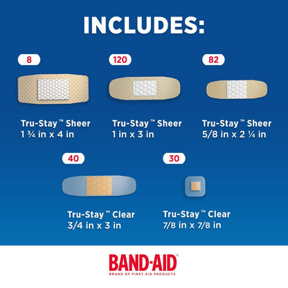 BAND-AID Marken-Pflaster Familien-Vielpack, transparent & klar, flexible sterile Einzelverpackte Streifen & Spots, Erste-Hilfe-Wundversorgung für kleine Schnitte, Schrammen, Verbrennungen, 5 Größen, 280 Stück