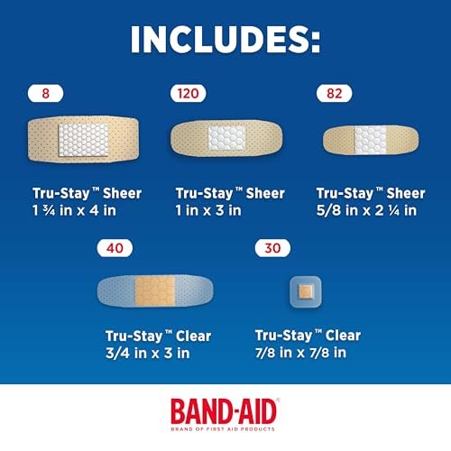 BAND-AID Marken-Pflaster Familien-Vielpack, transparent & klar, flexible sterile Einzelverpackte Streifen & Spots, Erste-Hilfe-Wundversorgung für kleine Schnitte, Schrammen, Verbrennungen, 5 Größen, 280 Stück