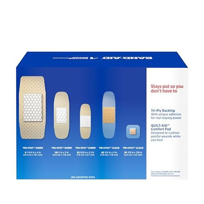 BAND-AID Marken-Pflaster Familien-Vielpack, transparent & klar, flexible sterile Einzelverpackte Streifen & Spots, Erste-Hilfe-Wundversorgung für kleine Schnitte, Schrammen, Verbrennungen, 5 Größen, 280 Stück