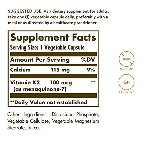 Solgar Natürliches Vitamin K2 (MK-7) 100 mcg – 50 vegane Kapseln – Unterstützt die Knochengesundheit – Nahrungsquelle aus Natto-Extrakt – Nicht-GVO, glutenfrei – 50 Portionen